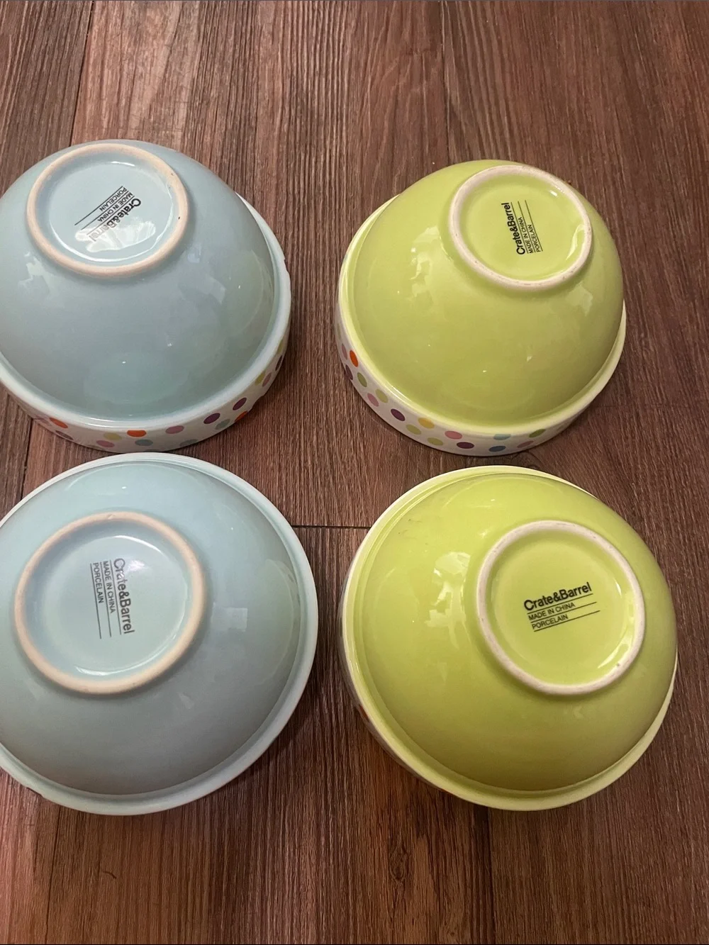 Crate&Barrel Pastel Blue and Lime Green Polka Dot Ceramic Bowls,4!EXCELLENT
